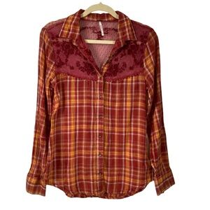 Free People Western Plaid Lace Embroidered Button up Red Orange Long Sleeve XS